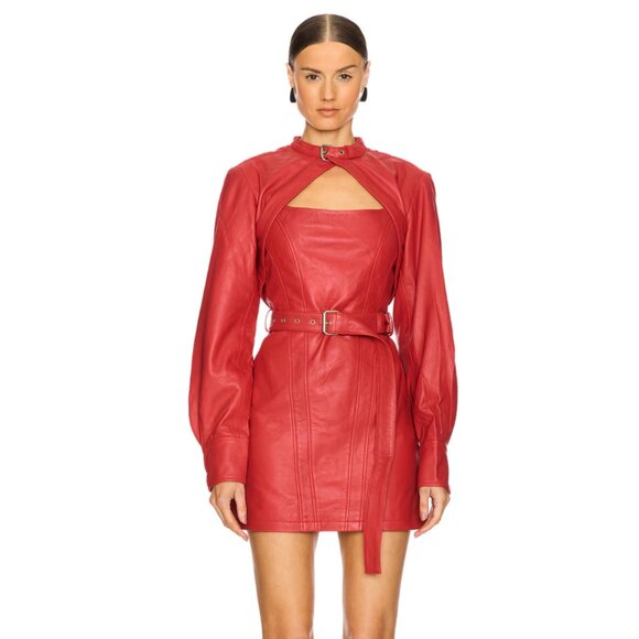 NEW Gestuz Valentina Mini Dress in Haute Red Leather Long Sleeve Biker 34 XS